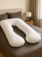 כרית תמיכה להריון והנקה לבן Funny Bunny מונחת על מיטה