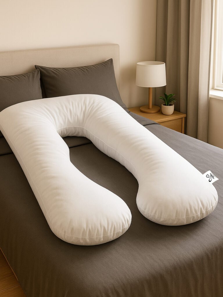 כרית תמיכה להריון והנקה לבן Funny Bunny מונחת על מיטה